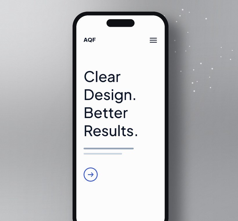 A smartphone showing a clean mobile website with the headline “Clear Design. Better Results.”
