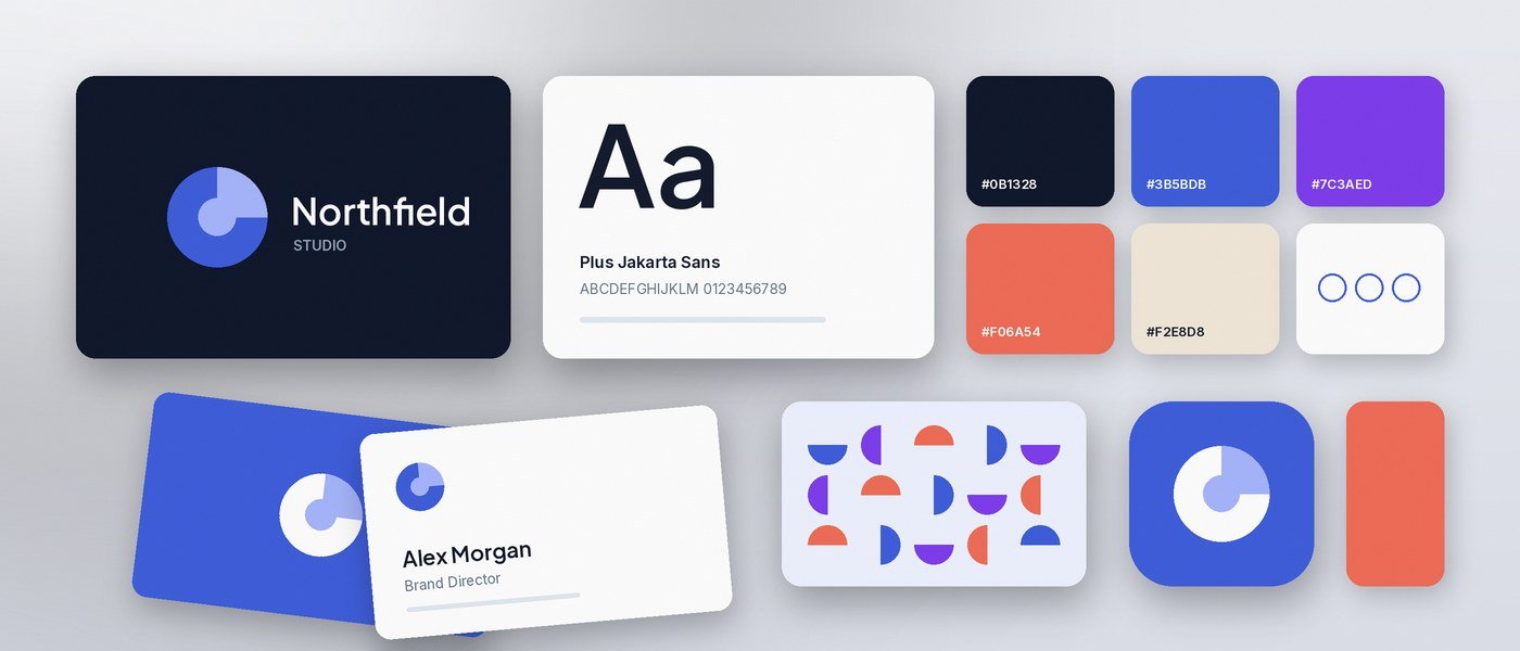 A brand identity board with a logo, typography, colour palette and business cards