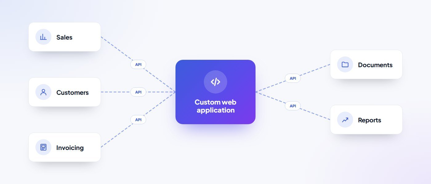 A custom web application in the centre, connected through APIs to separate systems for sales, customers, invoicing, documents and reports