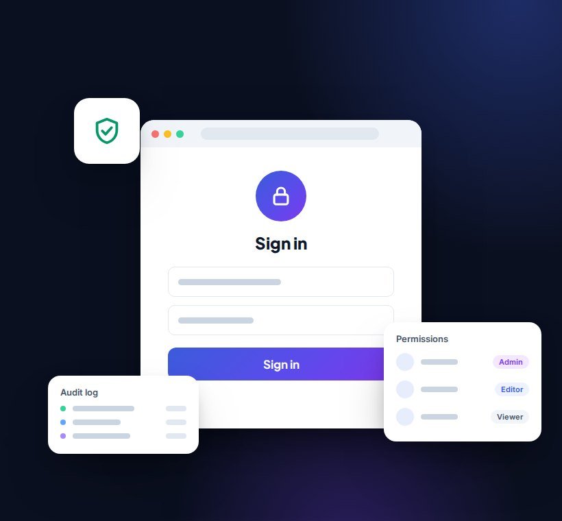 Illustration of a secure web application sign-in with a shield, role-based permissions and an audit log