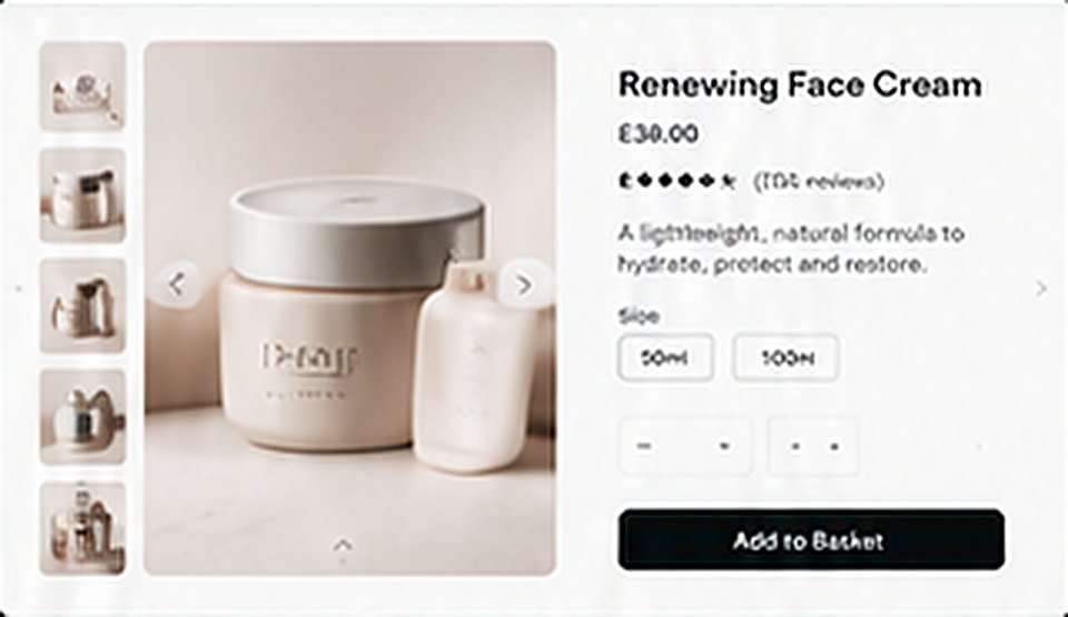 Product page with gallery, reviews, size options and Add to Basket
