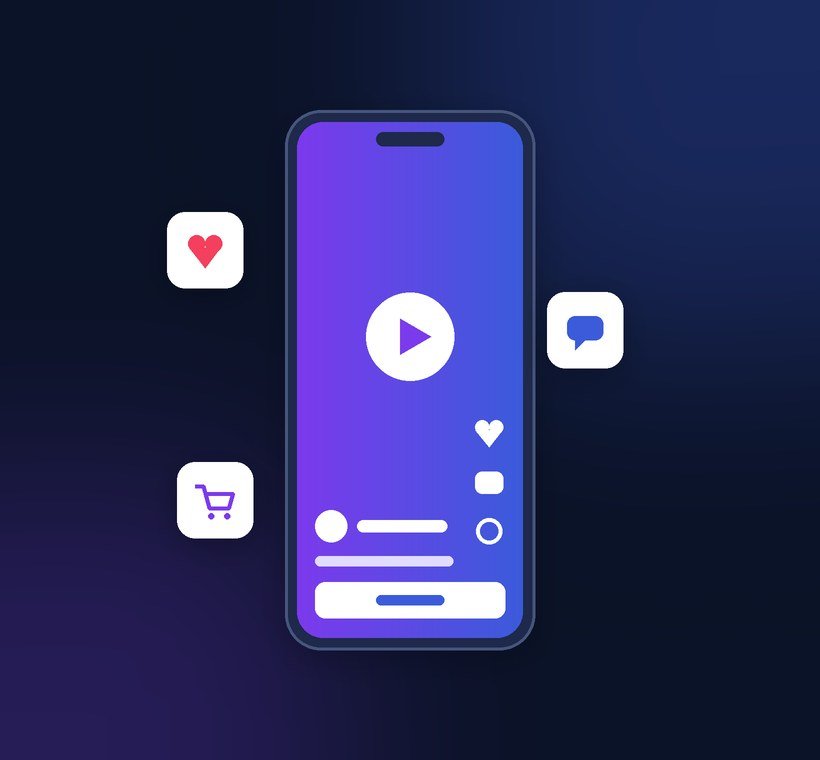 Illustration of a phone showing a video ad with like, comment and shopping icons around it