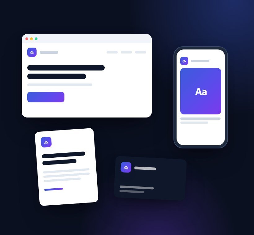 Illustration of one brand identity applied consistently to a homepage, a social post, a proposal and a business card