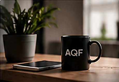 AQF mug on a desk