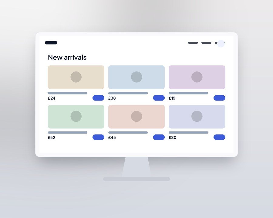 An ecommerce product grid shown on a desktop monitor